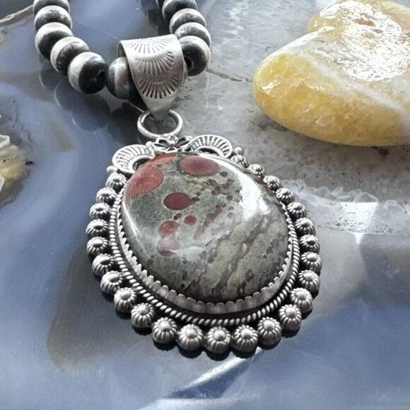 Sterling Southwestern Style Oval Peanut Obsidian Decorated Pendant For Women - Picture 4 of 10